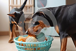 dog playing with squeaky toy and grabbing another one from basket nearby