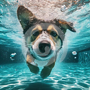 dog playing and swimming under the water in the pool