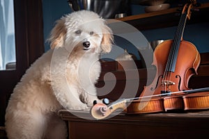 dog playing the violin, with cat on piano bench