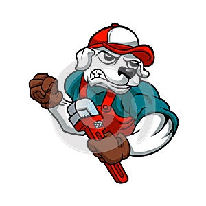 Dog plumber holding a big wrench