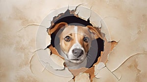 Dog poking head through hole in wall