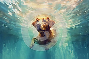 dog pool funny snorkeling underwater puppy swimming vacation water fun. Generative AI.