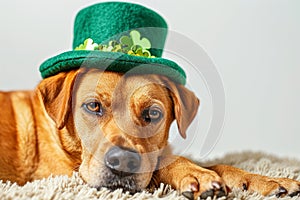 a dog portrait with a hat for St. Patrick's Day, in the style of fantasy illustration. Generative AI