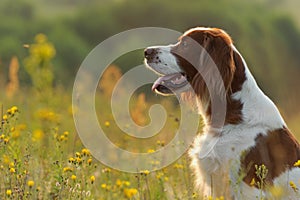 Dog portrait, irish red and white setter on golden sunset background, outdoors, horizontal