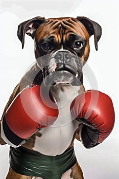 Dog Portrait Wearing Boxing Shirt and Red Gloves Isolated on White Background. Generative ai