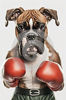 Dog Portrait Wearing Boxing Shirt and Red Gloves Isolated on White Background. Generative ai