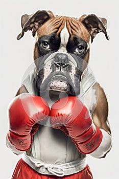 Dog Portrait Wearing Boxing Shirt and Red Gloves Isolated on White Background. Generative ai