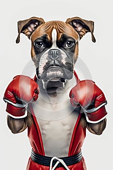 Dog Portrait Wearing Boxing Shirt and Red Gloves Isolated on White Background. Generative ai