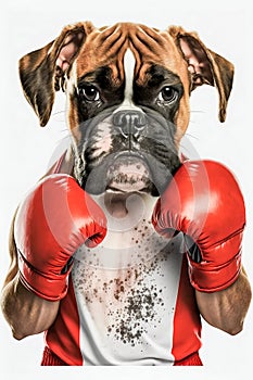 Dog Portrait Wearing Boxing Shirt and Red Gloves Isolated on White Background. Generative ai