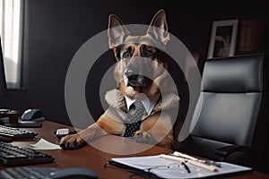 A Dog Programmer In A Business Suit Sits At His Computer And Programs. Generative AI
