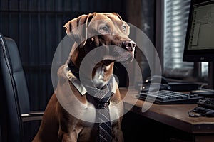 Dog Programmer In A Business Suit Sits At His Computer And Programs. Generative AI