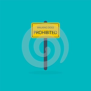 Dog prohibition sign on blue background. Walking dog prohibited. No dogs allowed on sign plate. Vector