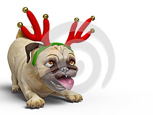 Dog pug cartoon with a christmas hat wants to party with a copy space
