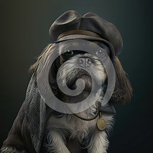 Dog pug gangster generative ai. Pug shihtzu mixed breed in photoshoot portrait wearing gangster