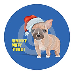 Dog Pug in Santa`s hat. Cartoon character. Symbol of the new year 2018.
