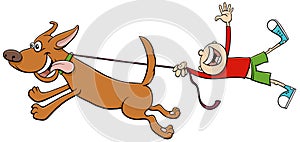 Dog pull kid on leash cartoon illustration
