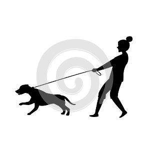 Dog pulling on the leash silhouette vector