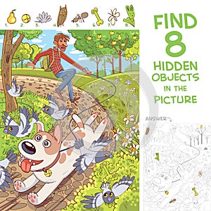 Dog pulls leash with its owner. Walk in the park. Find hidden objects