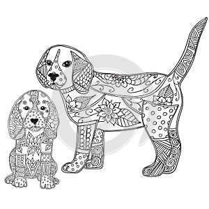 Dog and puppy adult antistress or children coloring page.