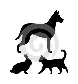 Dog Puppy, Cat and Bunny Silhouettes Icons Set