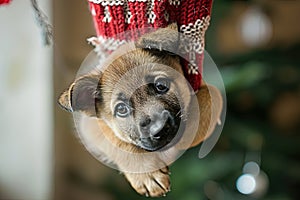 dog puppy hanging from sock of epiphany Generative AI