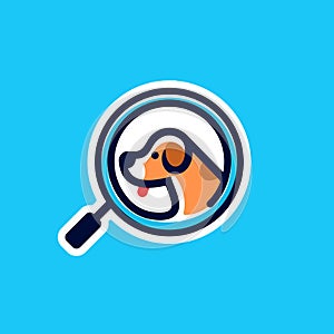 Dog puppy head logo sticker for search pet company with minimal magnifying glass icon vector illustration in trendy cartoon line s