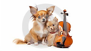 a dog and a puppy holding a musical instrument generated by AI tool