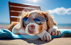 Dog Puppy lying on a sunbed to sunbath at the beach sea on summer vacation, holidays. Funny concept. Generative AI.