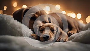 dog and puppy A peaceful scene of a newborn baby puppy and a dachshund sleeping side by side, nestled