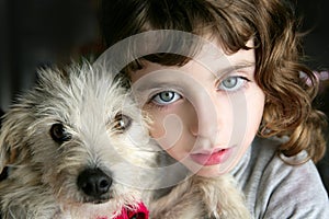 Dog puppy pet and girl hug portrait