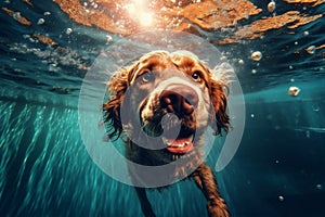 dog puppy pool funny fun vacation water underwater swimming snorkeling. Generative AI.