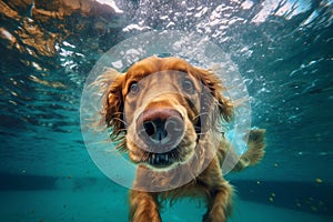 dog puppy water funny underwater swimming snorkeling vacation fun pool. Generative AI.