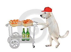 Dog pushes table trolley with seafood 2