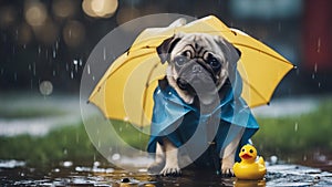 dog in the rain A pug puppy with a playful frown, wearing a tiny raincoat and holding an umbrella, sitting in a puddle