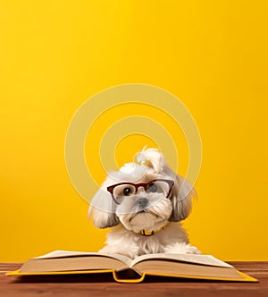 Dog reading book banner. Generate Ai