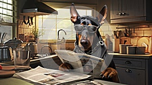 dog reading and holding a newspaper