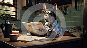 dog reading and holding a newspaper