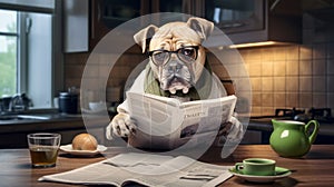 dog reading and holding a newspaper at home