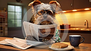 dog reading and holding a newspaper at home