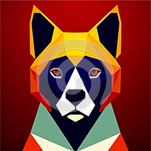 Dog with a red eyes on a red background, colorful flat surreal design. Vector art, sots art, low poly, cubo-futurism photo