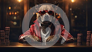 Dog with a red jacket in casino makes bets illustration. Dog casino. Horizontal format for banners, posters, games, advertising.