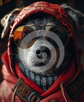 Dog in red jacket and glasses