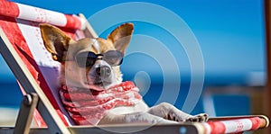 dog relax vacation lazy funny chair summer beach sunglasses pet. Generative AI.