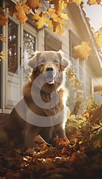 Dog relaxing among autumn maple in the yard in beautiful sunshine. Generative AI illustrations