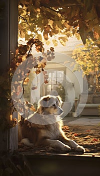 Dog relaxing among autumn maple in the yard in beautiful sunshine. Generative AI illustrations