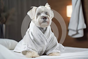 Dog is relaxing after bath. Pets spa, grooming salon, pet resort. Animal care service, bathing. Rest, relax, wellness