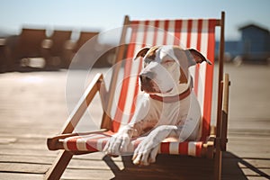 Dog with relaxing in deck chair at beach. Generative AI