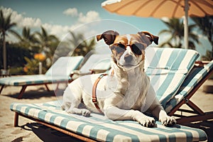dog relaxing on a fancy deck chair vacation concept