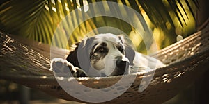 Dog relaxing in hammock under tropical palm trea leaves. Generative AI