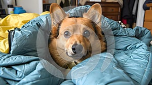 Dog resting on a blanket and sleeping bag, AI-generated.